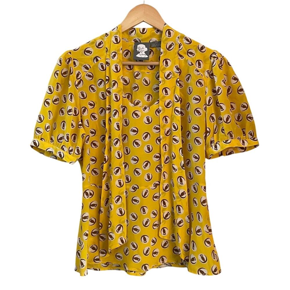 Anthropologie Girls From Savoy Lemon‎ Liftoff Owl Print Silk Blouse Sz 6P